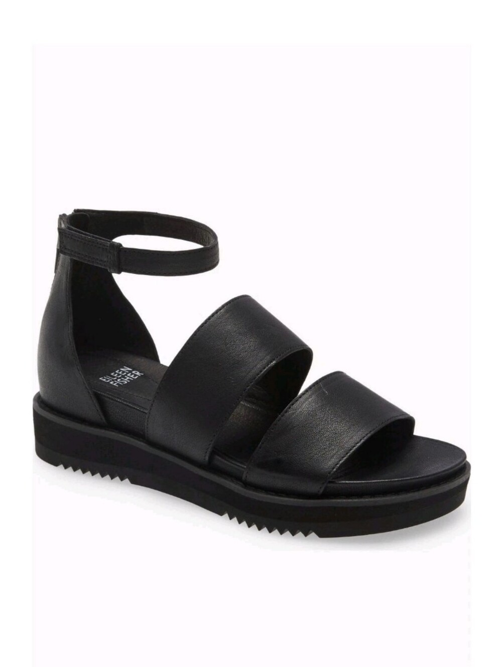 Eileen Fisher Keno Platform Sandal Black Velcro Ankle-Strap Leather Upper